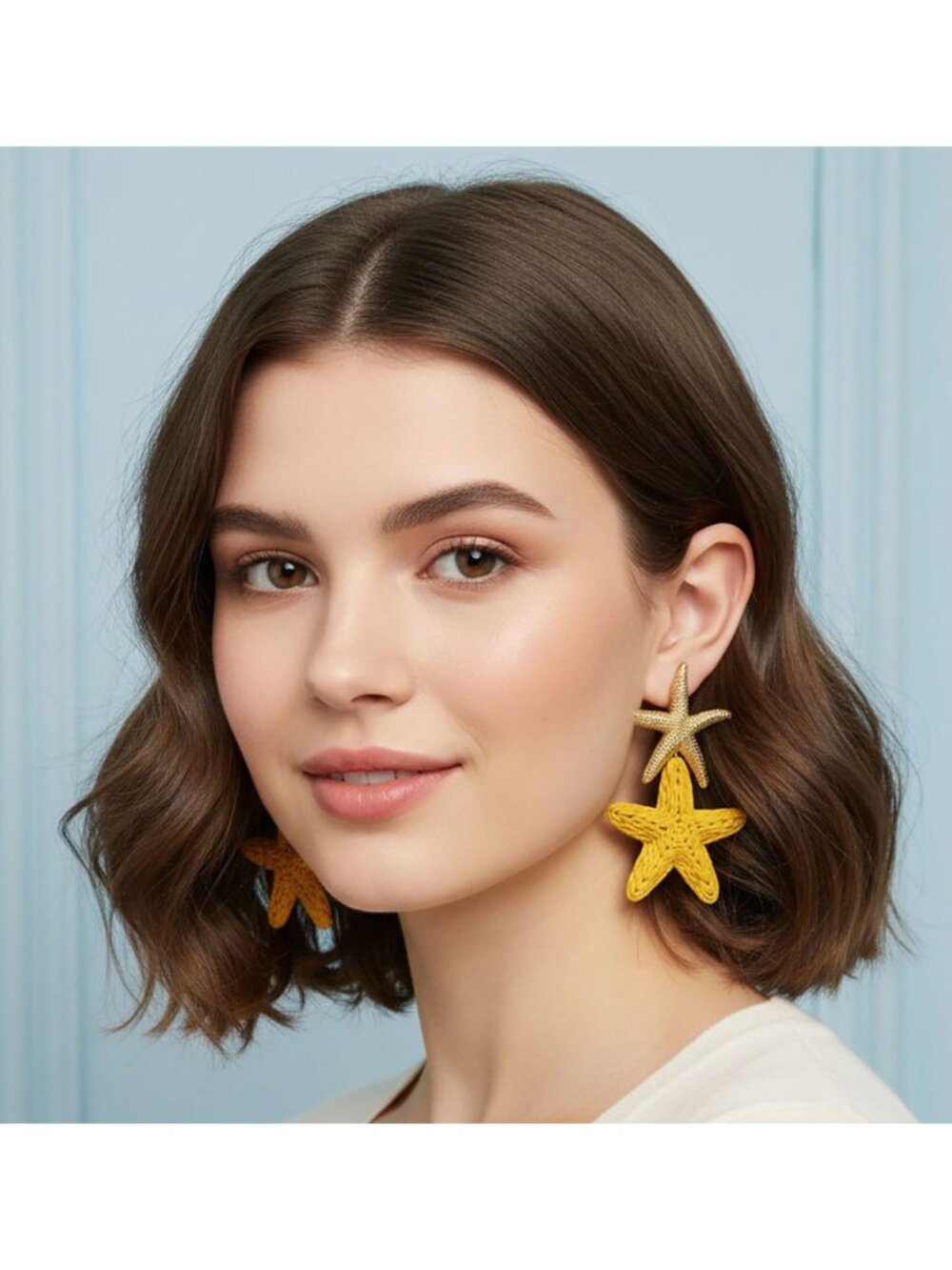 Tigerstars Bold Yellow Woven Raffia Double Starfish Link Drop Earrings